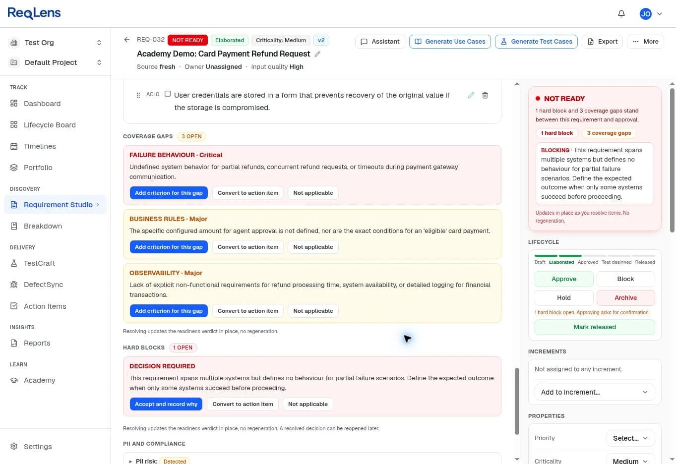 ReqLens coverage gaps for the refund requirement: a critical failure-behaviour gap about partial refunds, concurrent refund requests and payment gateway timeouts; a major business-rules gap noting the configured approval amount and eligibility conditions are not defined; and a major observability gap. Below, a hard block marked Decision required asks for the expected outcome when only some systems succeed.